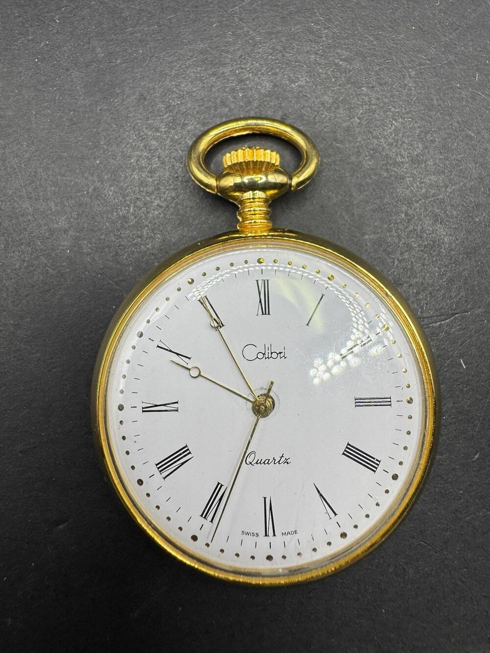 Colibri Gold Tone Pocket Watch Quartz Swiss Made Floral Engraved Case Vintage
